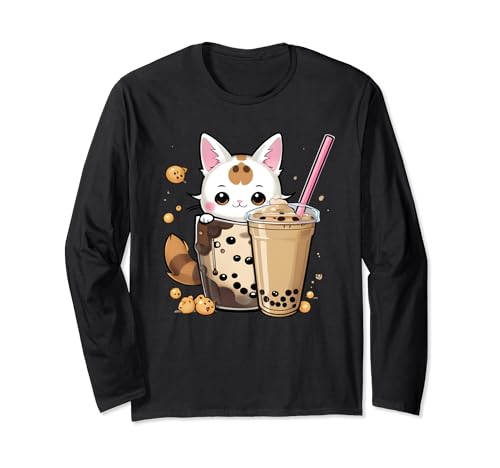 Cool Tea Bubble Cat Boba Tea Anime Kawaii Neko Maglia a Manica