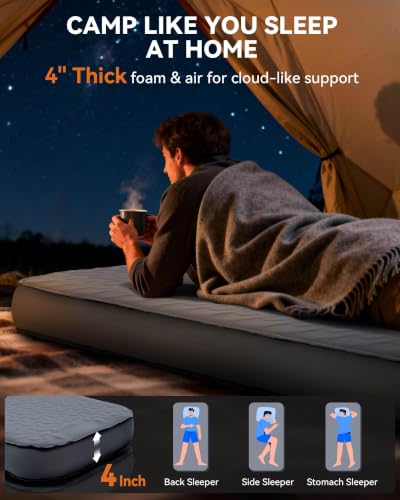 Image of Hikenture 4 inch Thick Self Inflating Sleeping Pad, Foam & Air Camping Mattress