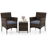 COSTWAY 3-Piece Patio Bistro Set, PE Rattan Furniture Set with Soft Cushions and Tempered Glass Top Table, Outdoor Furniture Wicker Conservatory Set for Balcony, Backyard & Poolside (Grey+Mix Brown)