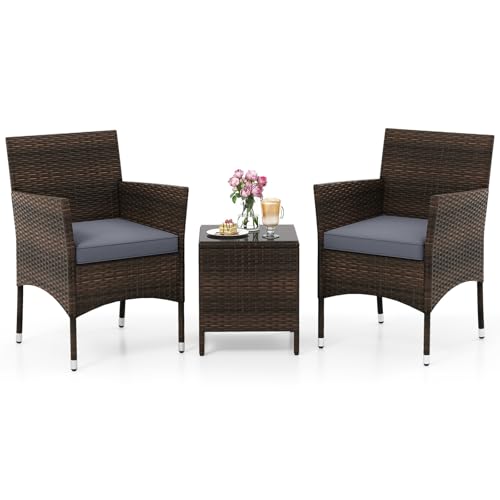 COSTWAY 3-Piece Patio Bistro Set, PE Rattan Furniture Set with Soft Cushions and Tempered Glass Top Table, Outdoor Furniture Wicker Conservatory Set for Balcony, Backyard & Poolside (Grey+Mix Brown)