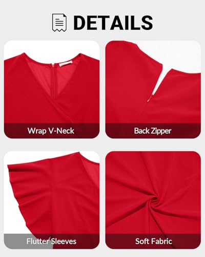 Image of Pinup Fashion Plus Size Formal Wedding Guest Cocktail High Low Long Dress | Elegant wrap v-neck, flutter sleeves, empire waist, hi-lo split ruffle hem, evening, mother of bride /groom, easter
