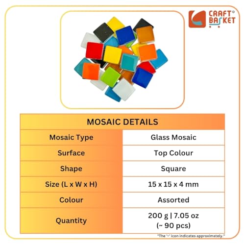 Image of Assorted Colours Glass Mosaic Tiles (20 Variations) (All Packs: 100 g,200 g,500 g), DIY Mosaic Art, Decoration, Crystal Glass Mosaic Tiles (Top Colour Square 15 x 15 mm), 200 g