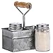 JUXYES Farmhouse Salt and Pepper Shakers with Metal Holder, Vintage Salt and Pepper Glass Jar in Galvanized Metal Carrying Caddy, Rustic Salt and Pepper Set for Restaurant Dining Table Decor