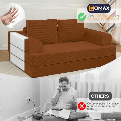Image of COMAX Convertible Sofa Bed, Folding Floor Couch Corduroy Fold Out Couch Bed Futon Sleeper Mattress with Pillows, Boneless Sofa Comfy Lounge Loveseat for Living Room Bedroom, Orange