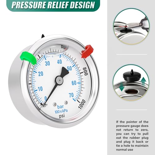 Image of 0-1000PSI Stainless Steel Liquid Filled Pressure Gauge, 2.5 inch Dial Size, 1 /4 inch NPT Back Mount, for Tube, Water Pump, Gas, Liquid, Pressure Test (with Range Mark Pointer)
