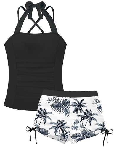 Image of Girls Swimsuit Two Piece Bathing Suit Ruffle Trim Swimsuits for Girls Tankini with Drawstring Shorts Swimwear 9-18Y