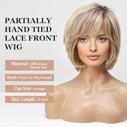 EMMOR Handgebundene Lace-Front-Perücke, 100% Echthaarperücke für Frauen, natürlich gestuft, gewellter unterschiedlicher Stil für weiße Frauen (Gemischtes Blond#) – Bild 3