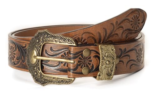 Women Vintage Floral-Carved-Leather-Belt Western-Country Cowgirl Belt with Metal Pin Buckle for Jeans Pants 28-38" Waist4