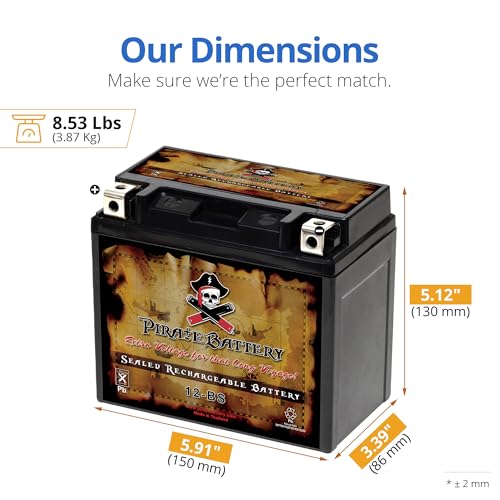 Image of Pirate Battery YTX12-BS Maintenance Free Replacement Battery for ATV, Motorcycle, Scooter, and UTV: 12 Volts, 1.2 Amps, 10Ah, Nut and Bolt (T3) Terminal