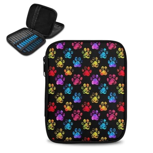 CREAMIC Dog Paw Print Crochet Hook Bag Organizer Crochet Hook Organizer Portable Traveling Needle Organizer for Crochet Hooks and Knitting Accessories Large Capacity Crochet Tool Organizer