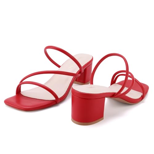 Image of Shoe'N Tale Strappy Heels For Women Low Chunky Block Heel Heeled Sandals Square Open Toe Slip On Slides Mules