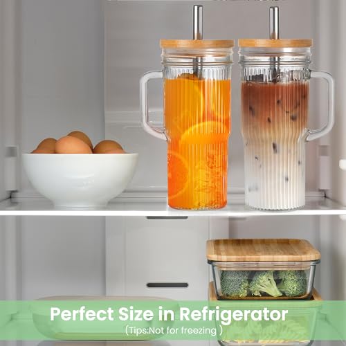 Image of Birity 24oz Ribbed Glass Cup with Lids and Straws,2Pack Glass Tumbler with Handle,Reusable lced Coffee Cups with lids-Glass Cups with Lids,Mason Jar Cup for Smoothie,Coffee,Juice,Water,Tea,Travel Mug