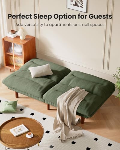 Image of Amada Convertible Futon Sofa Bed, Corduroy Folding Futon Set with Adjustable Backrest &Armrests, Recliner Lounge for Living Room, Apartment or Office, Solid Wood Frame, Loveseat Sofa -Green 75 Inch