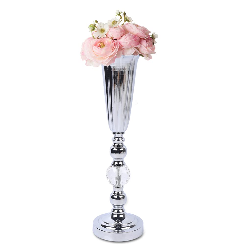 Silver Metal Flower Vase 44.5cm, Trumpet Shape Iron Glass Tabletop Vase, Tall Flower Stand Centerpiece for Wedding Birthday Home Decor