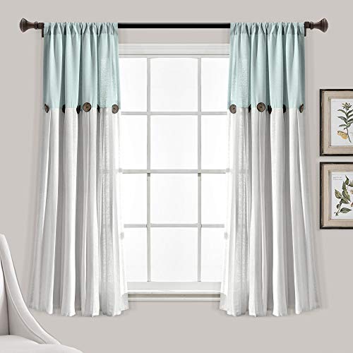 Lush Decor Linen Button Window Curtain Panel, Single, 40" W x 63" L, Blue & Off White - Country Curtains - Rustic Decor - Color Block Modern Farmhouse Curtains For Living Room, Bedroom & Dining Room