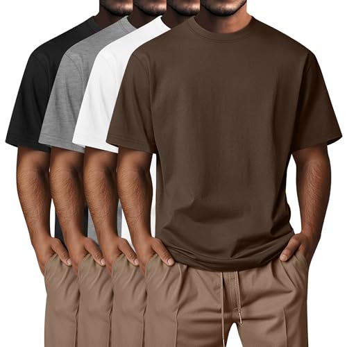 Neer 4 Pack Mens Big and Tall Shirts Summer Cotton Short Sleeve Tee Crew Neck Casual Top Basic Oversize T Shirts(Black White Brown Light Gray Medium)