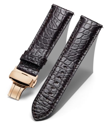 BINLUN Alligator Leather Watch Bands for Men Watch Straps Handmade Crocodile Grain Quick Release Replacment Genuine Classic Leather Women Watchband Deployment Rose Gold Buckle, Brown 21mm -  BL00065B-LBrDRG21