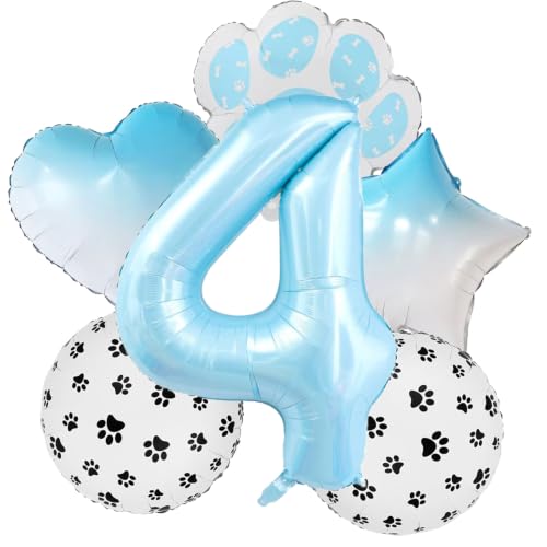 Image of Blue Dog Cat Paw Print Number 4 Balloons set,Boy Girl 4th Birthday Decor