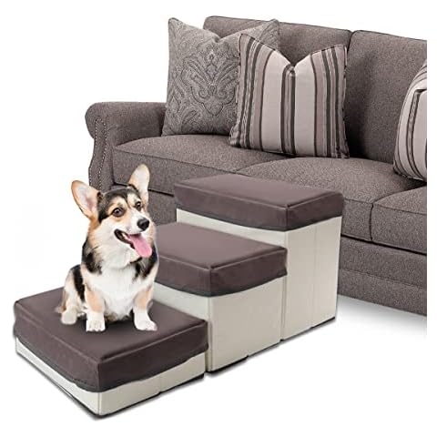 ShellKingdom Dog Stairs, 3 Step Pet Stairs with 3 Storage Space Folding Pet Stairs for Small Medium Dogs, Older Dogs, Cats, Puppies (Cream) Cover