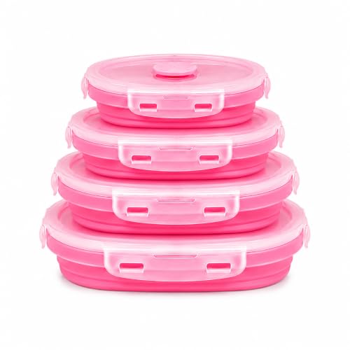 SAGEWARE Collapsible Silicone Food Storage Containers Set of 4, BPA Free Foldable Kitchen Storage Boxes, Microwave, Freezer & Dishwasher Safe, 400ml, 600ml, 1000ml & 1200ml (Pink - Round)
