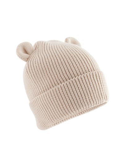 Image of 4SP Organic Cotton Baby Bear Beanie Hat, Hand Wash, Unisex, Ribbed Knit Design (UK, Age, 12 Months, 24 Months, Almond)