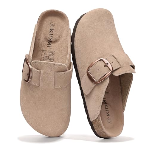 KIDMI Genuine Suede Clogs for Women Memory Foam Cork Footbed Potato Shoes Slip On Leather Mules with Big Buckle