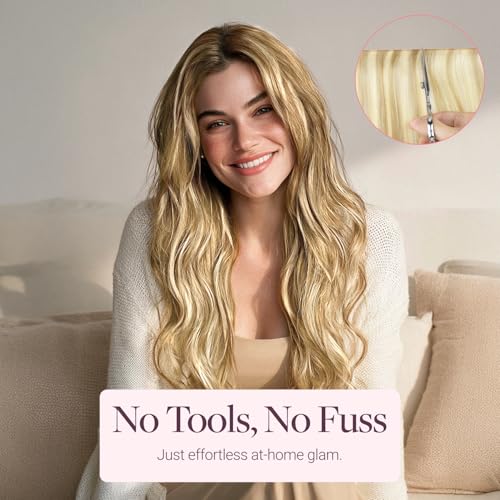 Image of GOO GOO Tape In Weft Hair Extensions Human Hair, Genius PU Long Weft Tape In Hair Extensions Real Human Hair, Silky Easy to Use, P16 /22A Light Blonde Highlighted Golden Blonde 18 inch 100g
