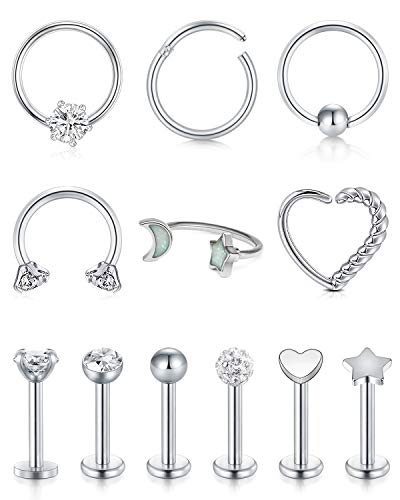 Rajnard Tragus Helix Ohrringe - 12 pcs Silber 16G Chirurgenstahl Piercing Set