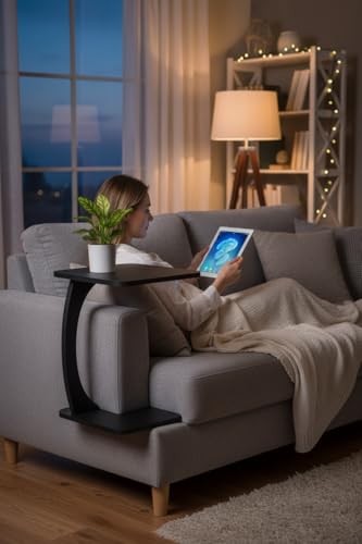 Image of Modern C-Shaped Wooden Sofa Side Table for Living Room | Multipurpose Laptop Table for Couch | Bedside Coffee Table | Space Saving Snack Table for Home & Office | Stylish Portable End Table (Black)