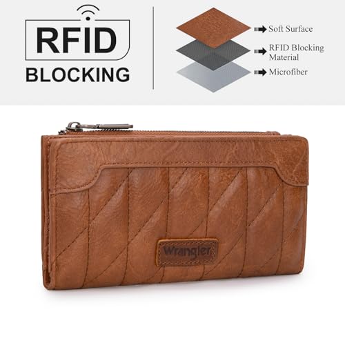 Image of Wrangler Brown Quilted Wallets for Women Slim Bifold Wallet Women RFID Wallets, Card Cases & Money Organizers Ladies Female Minimalist Travel Wallet with Smooth Zippers