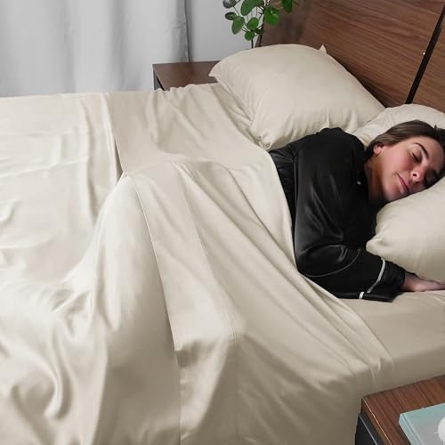 ACCURATEX Cooling Sheets Queen Size - 100% Viscose Made from Bamboo, Luxury Cool Silky Sheet Set for Queen Size Bed, Super Soft Breathable Bedding Sheets up to 16 inches Deep Pockect, Beige