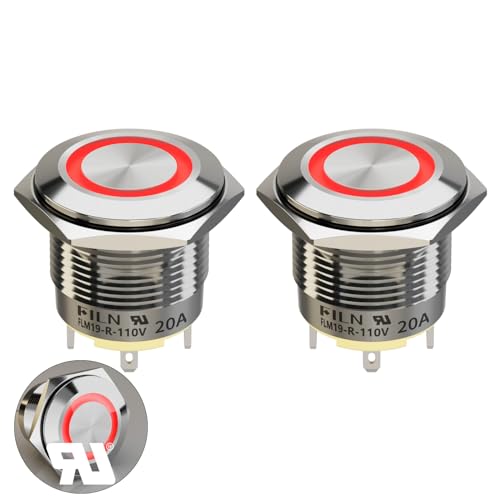 FILN 20 Amp 19 mm (3/4'') 2-Piece Latching High Current Pushbutton Switch 110V DC Switch with Red LED Self-Locking Pushbutton (Red/Stainless Steel Latching)