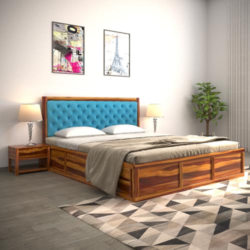 Image of DRIFTINGWOOD Dolvi Solid Sheesham Wood Queen Size Bed with Storage | Wooden Double Bed Cot Bed with Box Storage & Upholstered Blue Cushioned Headboard for Bedroom | Rosewood, Honey Finish