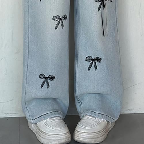 Girls Wide Leg Jeans Elastic Waist Heart Embroidery Ripped Denim Pants Kids Straight Y2k Casual Streetwear Trousers 4-14T4