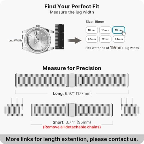 Image of Fullmosa 19mm Stainless Steel Watch Band, Quick Release Metal Replacement Strap with Removable Links, Includes Spring Bars & Link Removal Tool for Men Women (Silver)