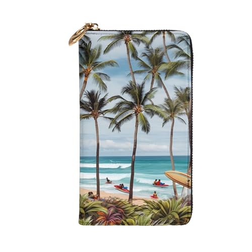 Hawaiian Surfer on Wavy Wallet for Men Women Long Purse Leather Clutch Large Business Handbag Travel Phone Holder Credit Card Holder Money Case with Zipper Leather Wallets Gift2