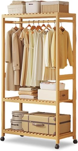 Simcat ハンガーラック コートハンガー 物干しラック ワードローブ 木製 頑丈 キャスター付き フック付き 棚付き 耐荷重100kg 洋服掛け 衣類収納 部屋干し 衣類ハンガー 寝室/玄関/家庭用 組立簡単 省スペース 大容量 倒れにくい土台(原色・