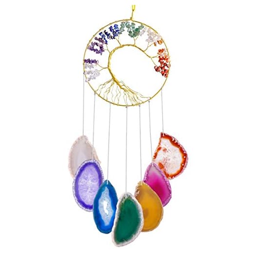SUNYIK Tree of Life Agate Slice Wind Chime, Handmade 7 Chakra Stone Healing Crystal Windchime for Indoor Outdoor Decoration Ornament