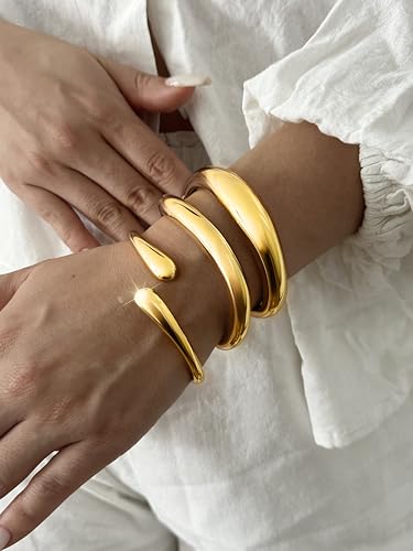 Chunky Gold Bangles for Women, 14k Gold Plated Twisted Hinged Stackable Bangle Bracelet Set, Trendy Cuff Bracelet Stack Fashion Jewelry Gifts3