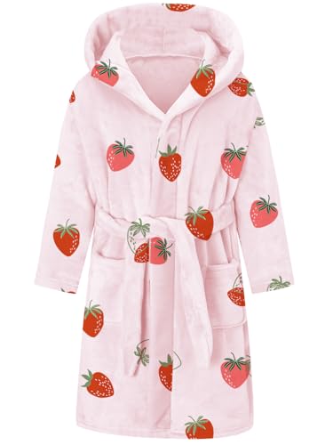 QZH.DUAO Girls Fleece Robes, Hooded Warm Bathrobe with Belt and Pockets for Kids, Pink Strawberry, 5T=130