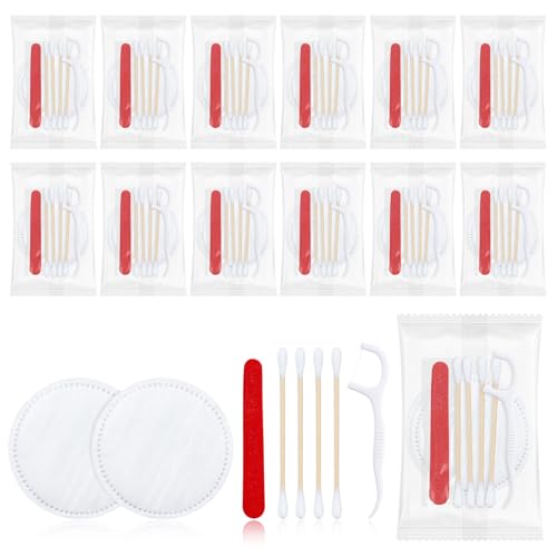 LLHQAMT Kits de tocador a granel, tocador de hotel empaquetado individualmente, kit de tocador con almohadillas de algodón, hisopos de algodón, hilo dental y lima de uñas (30 piezas)
