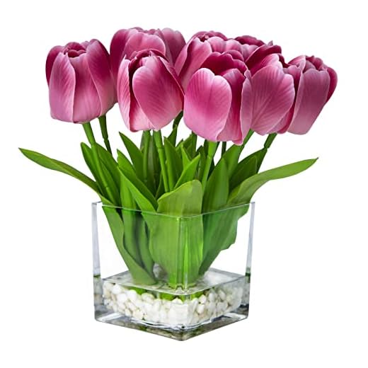 XMay Gift Artificial Flowers Tulip Floral Arrangement in Vase - Fake Flowers Silk Tulips Centerpiece - Modern Artificial Silk Flowers for Home Bathroom Office Table Shelf Decoration (Purple)