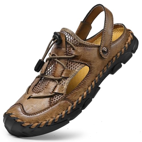 Men's Leather & Mesh Water Shoes with Adjustable Lace - Outdoor Footwear for Beach, Hiking, Camping Soft Lightweight Casual Sandal