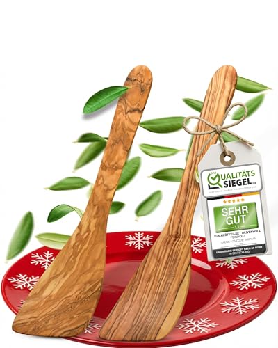 Kochlöffel Holz Set aus Olivenholz im 3er Pack - Made in Germany - Pfannenwender, Risottolöffel & Holzlöffel - Nachhaltig & aus Europa - Kochutensilien Set Naturholz