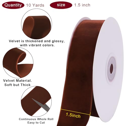 Image of Tsorode 10 Yards Brown Velvet Ribbon for Christmas Tree,1 1 /2 Inch