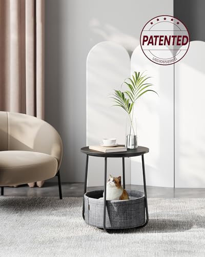 VASAGLE LILEA Collection - Small Round Side End Table, Modern Nightstand with Fabric Basket, Ebony Black and Slate Gray ULET223B01