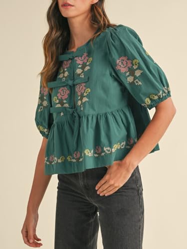 Womens Short Puff Sleeve Floral Embroidery Poplin Front Self Tie Detail Peplum Top Blouse3