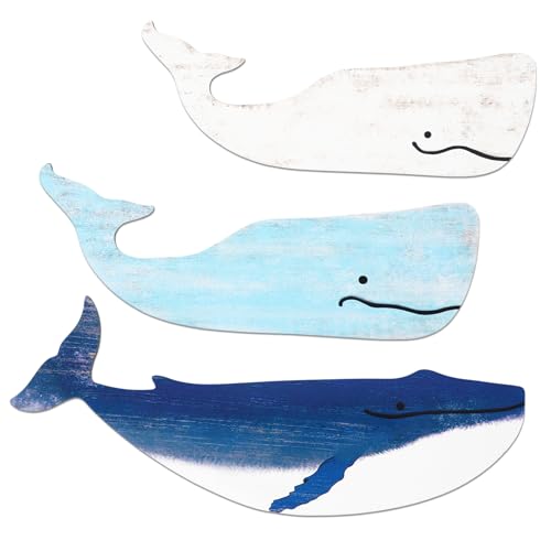 FCKLVMC 3 Pcs Wall Whale Decor, Hanging Wooden Whale Fish Wall Decor for Nautical Coastal Theme Beach Bathroom Fish Wall Art