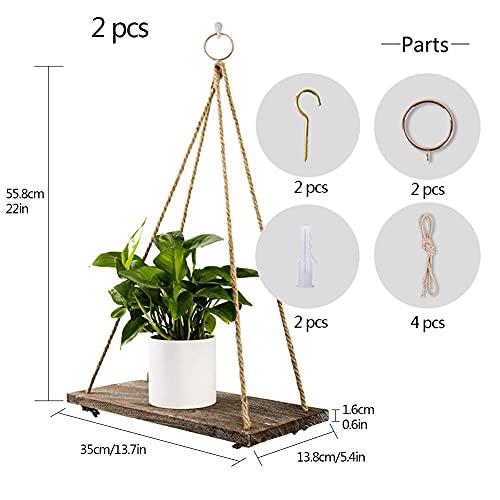 Rustic Shelf 2 Pcs Wooden Floating Shelves with String Rope Hanging Floating Shelves Rustic Distressed Wood Hanging Shelves Wood Wall Decor Swing Rope Floating Shelf with Hooks for Living Room (Large) - Cosy Home Interiors Rustic Shelf 2 Pcs Wooden Floating Shelves with String Rope Hanging Floating Shelves Rustic Distressed Wood Hanging Shelves Wood Wall Decor Swing Rope Floating Shelf with Hooks for Living Room (Large) - Image 3