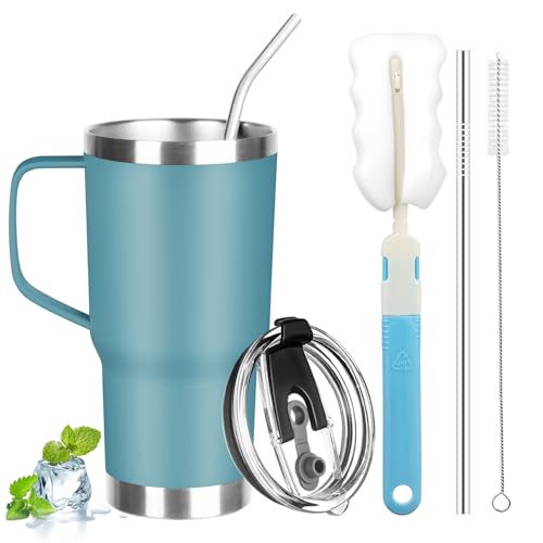 Image of 20 oz Tumbler with Handle, Stainless Steel Insulated Tumbler with Lid and Straw, Double Wall Vacuum Coffee Mug Tumbler, Insulated Coffee Thermal Cup for Cold and Hot (Maya Blue)